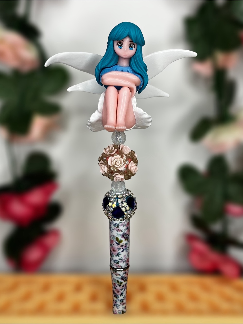 Blue Haired Fairy Floral and Sparkling Accent Beads Handmade Beaded Pen